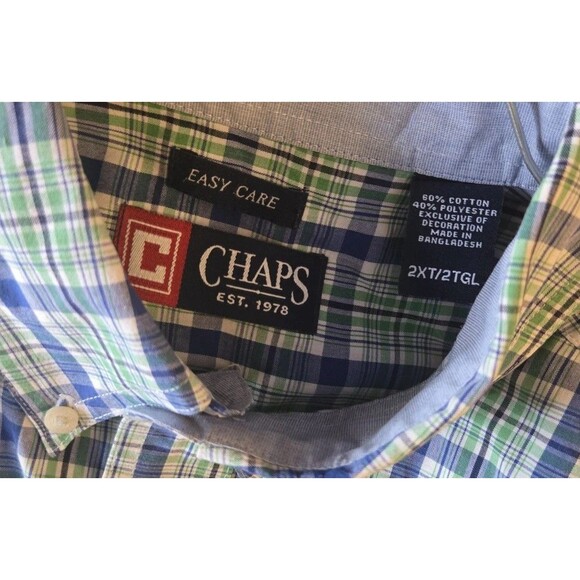 Mens Dress Shirt Chaps 2XT 2X Button Down Light Green Spring Plaid Short Sleeve - Picture 11 of 15